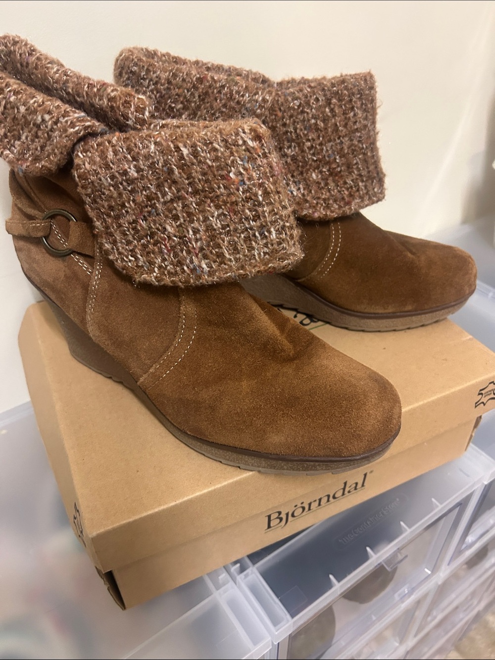 Bjorndal Chestnut Suede Fold-Over Knit Cuff Wedge Booties